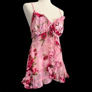 LA Intimates Coquette Babydoll Ruffled Top Size S Romantic Fairy Pink Red Floral